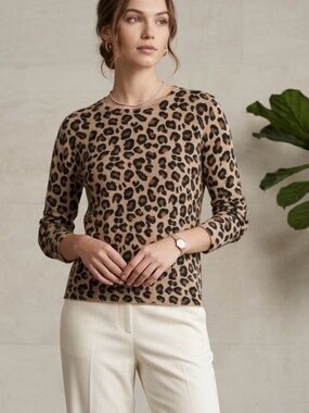 Cynthia Rowley - 100% Cashmere Leopard-Print Crewneck Sweater in Tan and Black